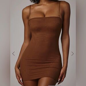 Oh Polly Soft Mesh Mini Slip Dress in Mocha